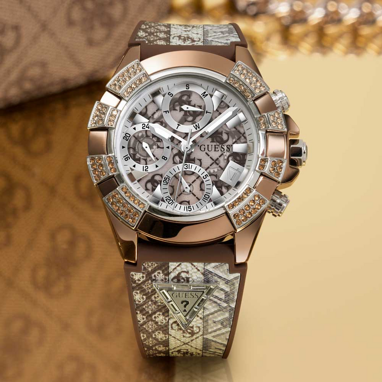 Coffee watch with crystals on bezel and logo on strap