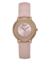 Pink watch with rose gold case and pink leather strap on white background
