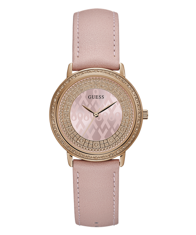 Pink watch with rose gold case and pink leather strap on white background
