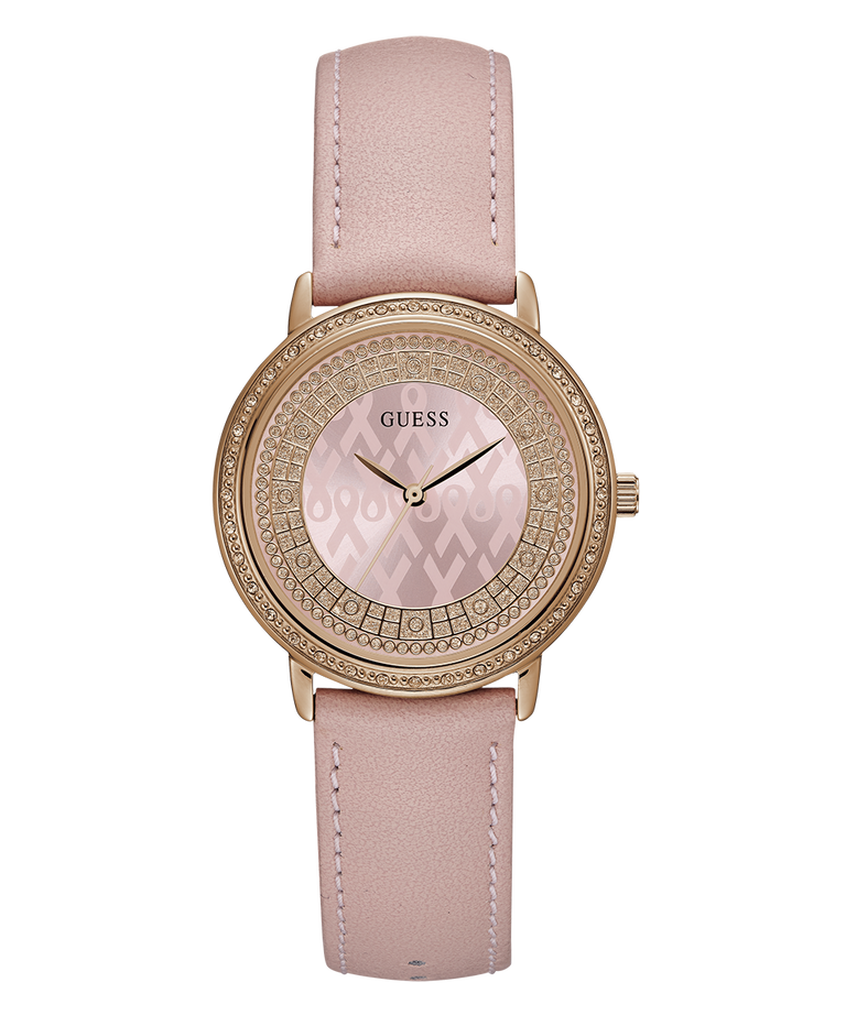 Pink watch with rose gold case and pink leather strap on white background