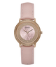 Pink watch with rose gold case and pink leather strap on white background