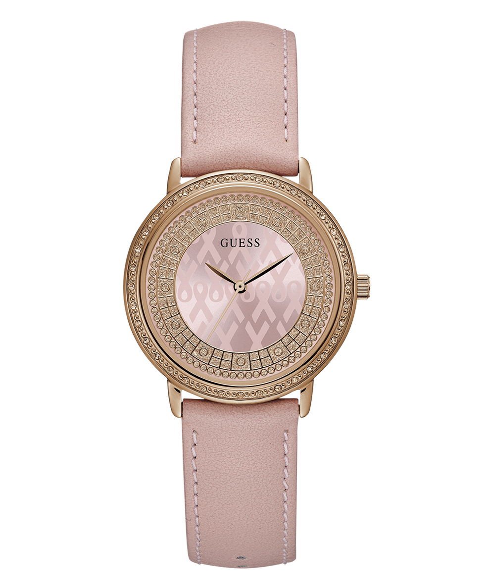 Pink watch with rose gold case and pink leather strap on white background