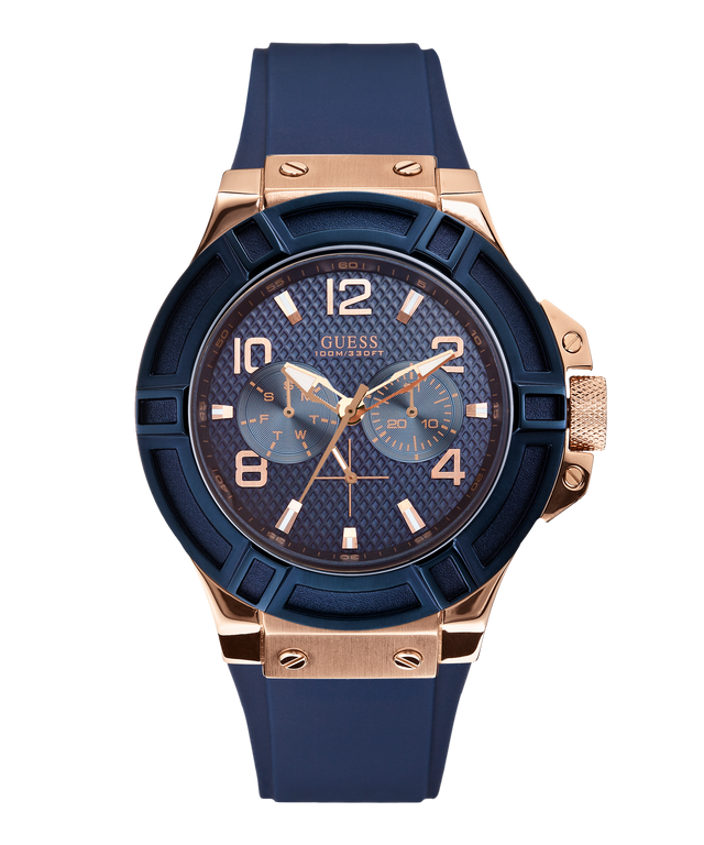 GUESS Mens Blue Rose Gold Tone Multi function Watch