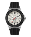 Black and silver watch with a white face on a white background
