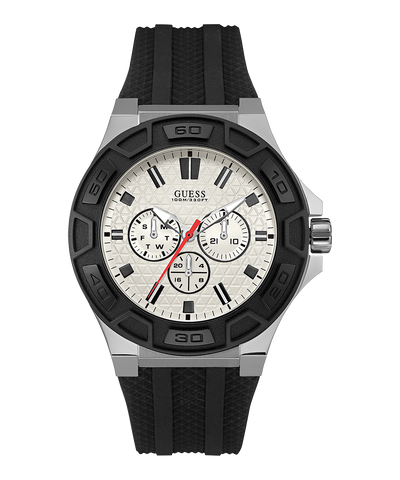 Black and silver watch with a white face on a white background