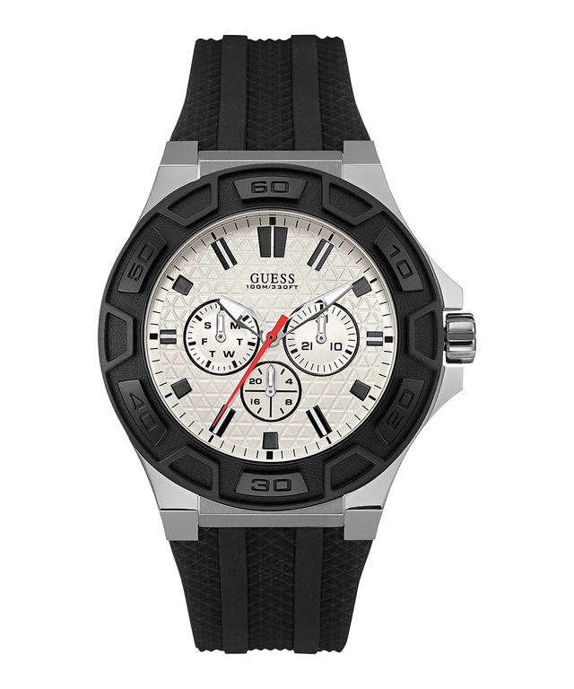 Black and silver watch with a white face on a white background