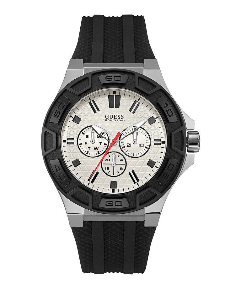 Black and silver watch with a white face on a white background