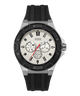 Black and silver watch with a white face on a white background