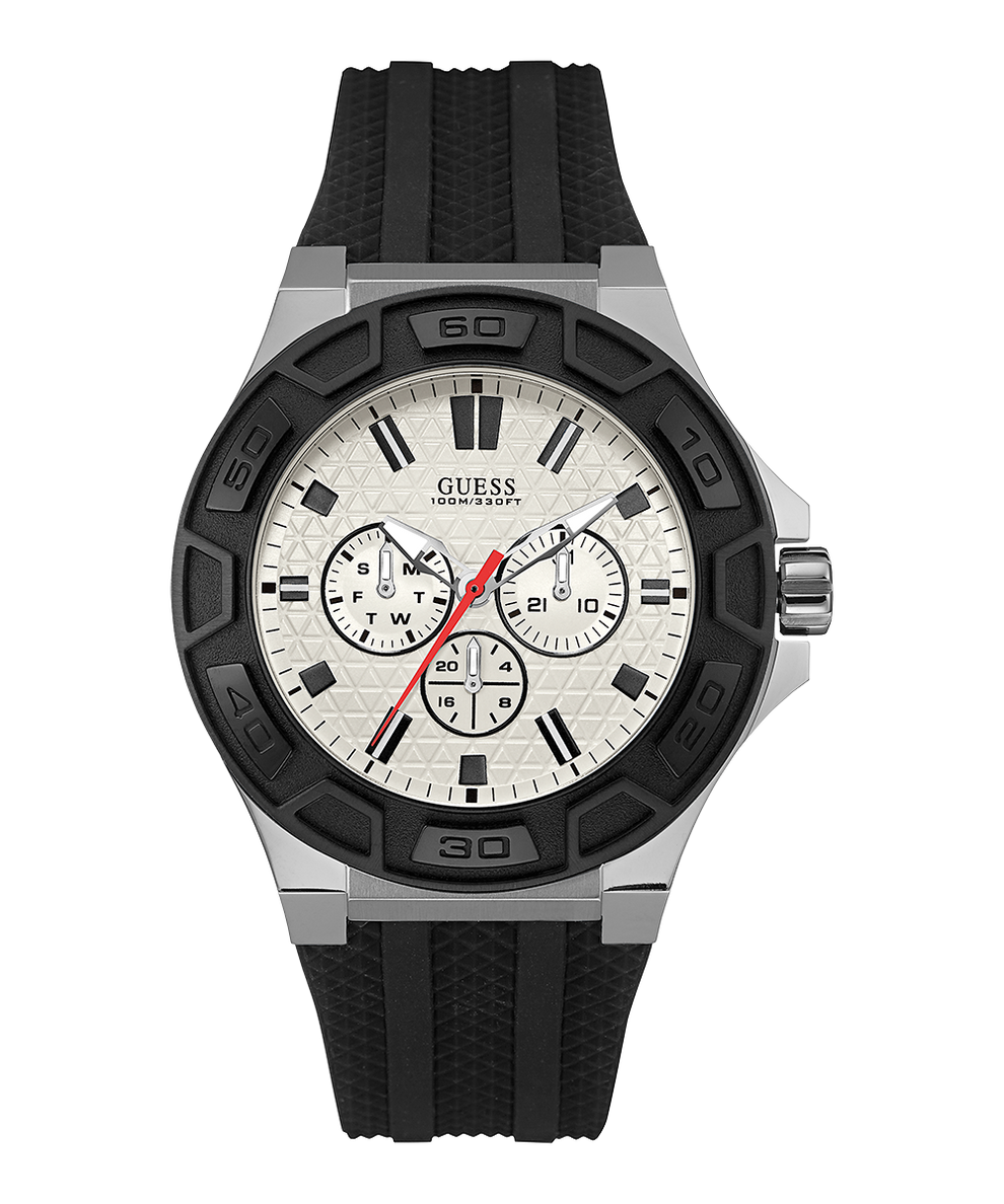 Black and silver watch with a white face on a white background