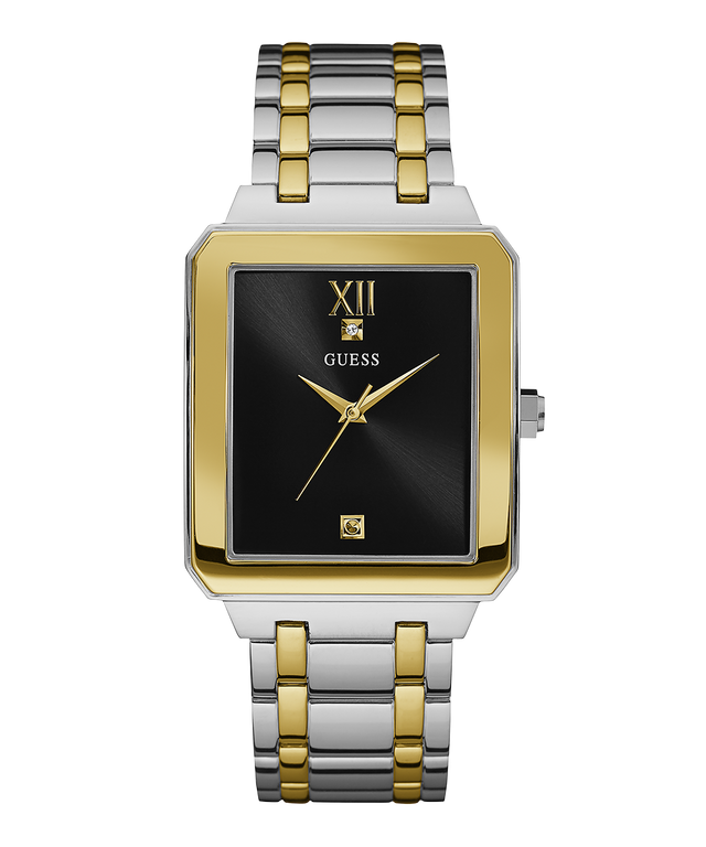 Two-tone watch with black face and gold accents on a white background