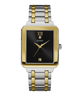 Two-tone watch with black face and gold accents on a white background