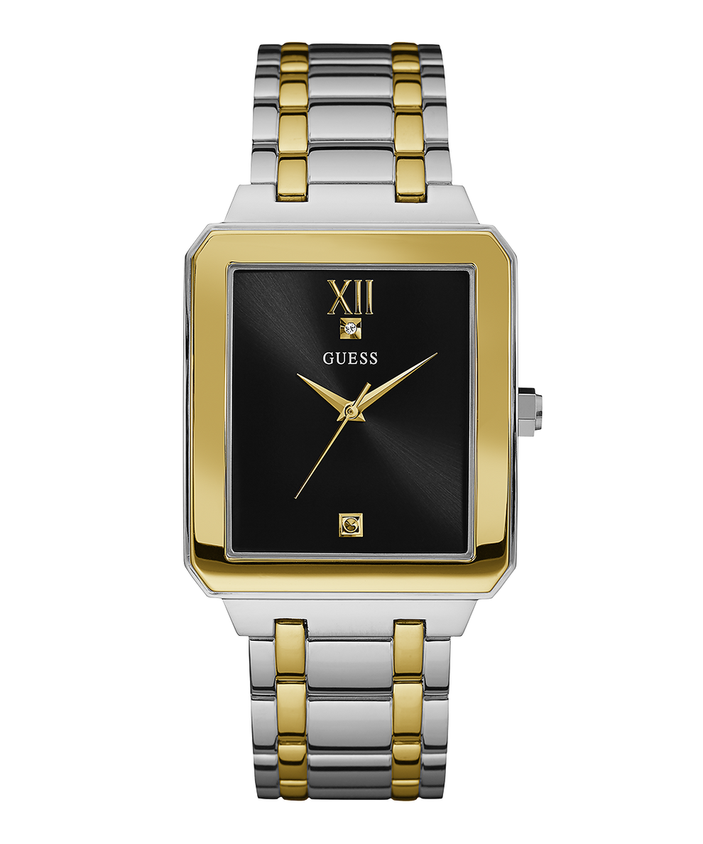 Two-tone watch with black face and gold accents on a white background