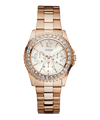 Rose gold watch with crystal embellishments on a white background