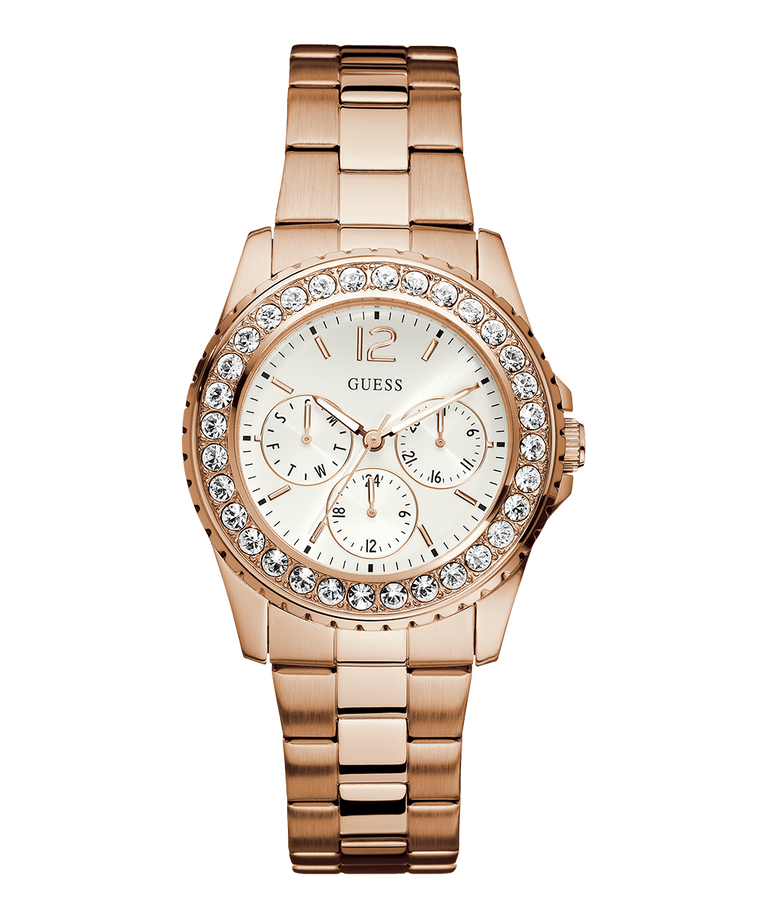 Rose gold watch with crystal embellishments on a white background