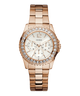 Rose gold watch with crystal embellishments on a white background