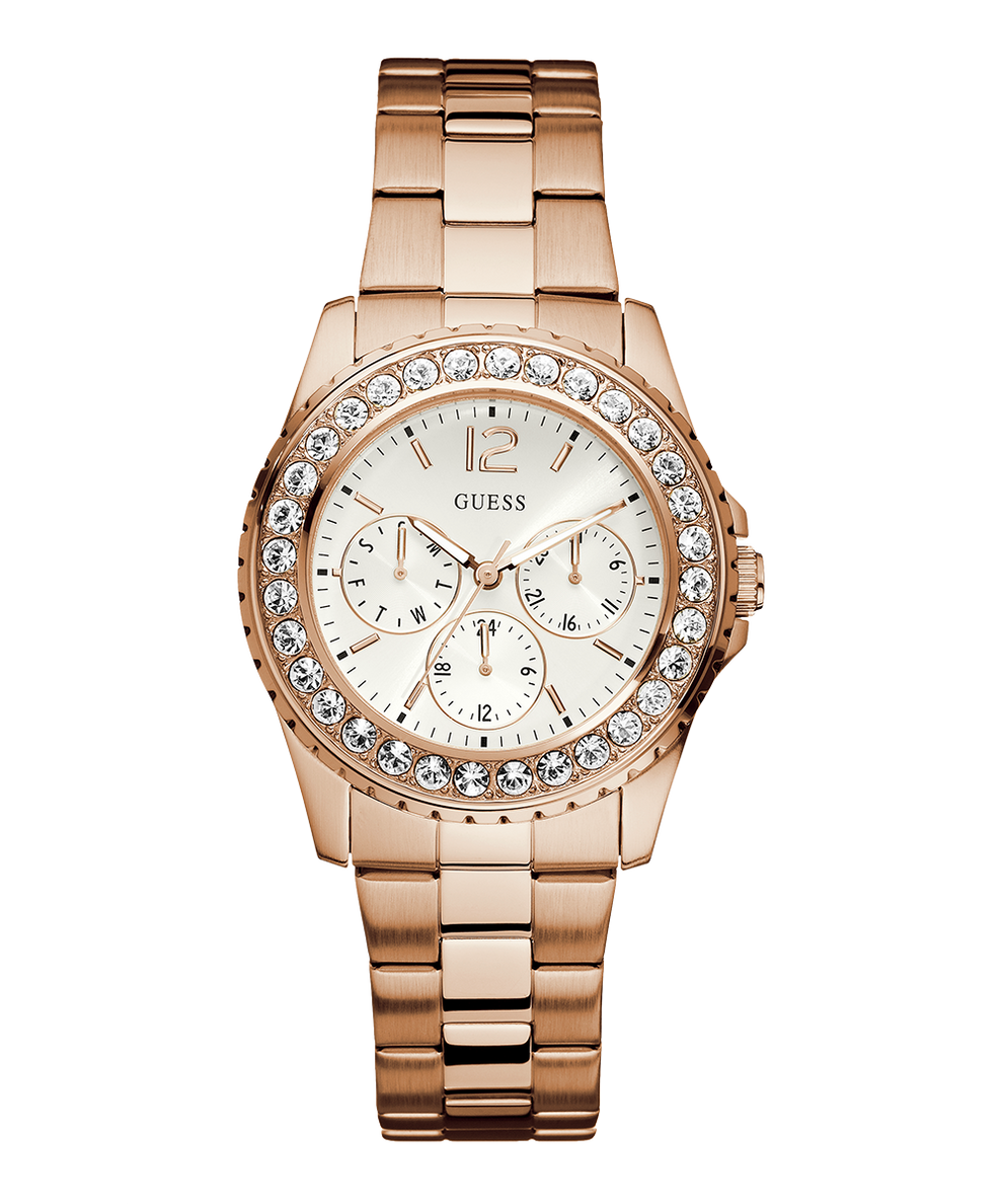 Rose gold watch with crystal embellishments on a white background