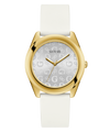 Gold watch with white strap and 'G' pattern on face against a white background