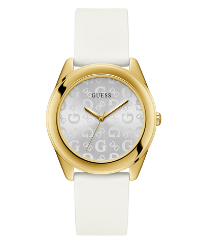 Gold watch with white strap and 'G' pattern on face against a white background