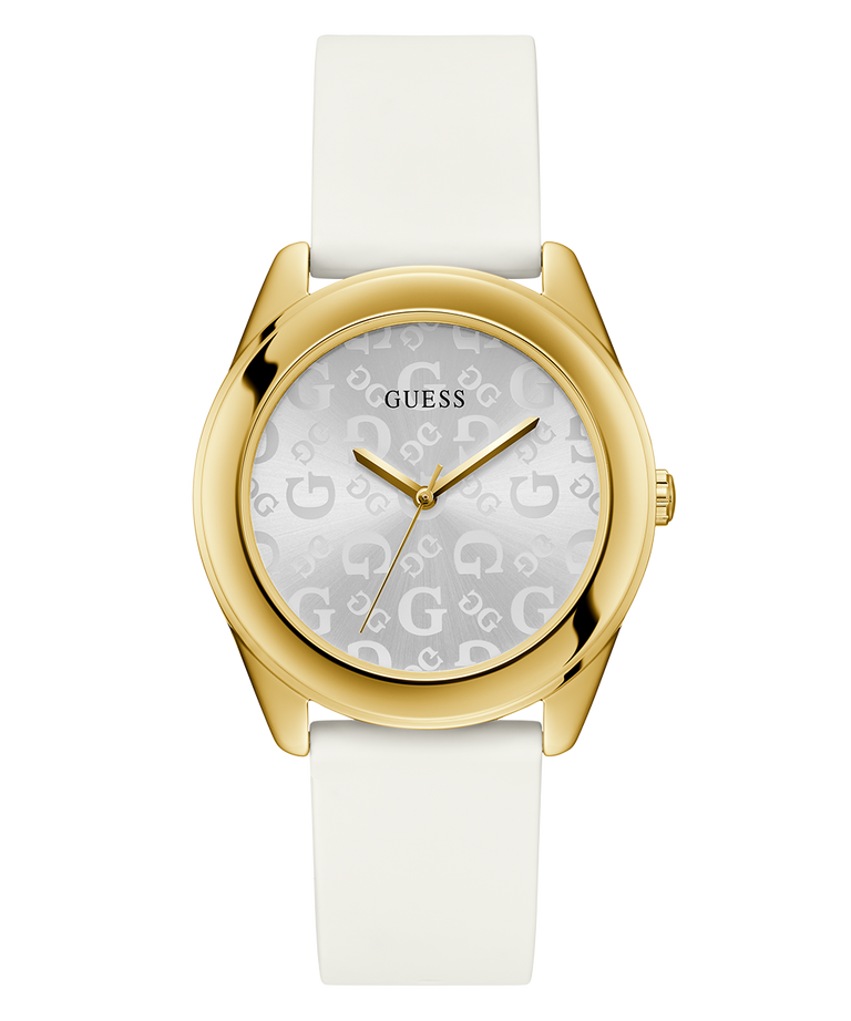 Gold watch with white strap and 'G' pattern on face against a white background