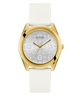 Gold watch with white strap and 'G' pattern on face against a white background