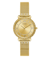 Gold watch with mesh band and diamond accents on a white background