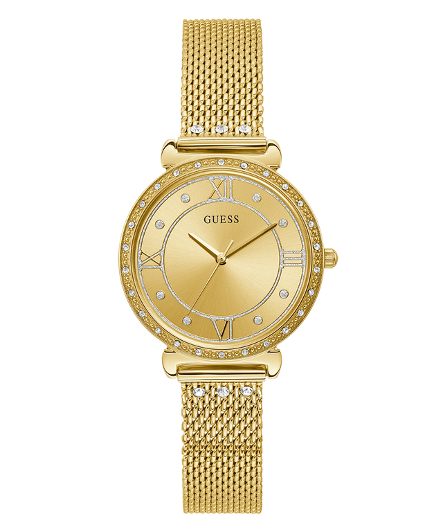 Gold watch with mesh band and diamond accents on a white background