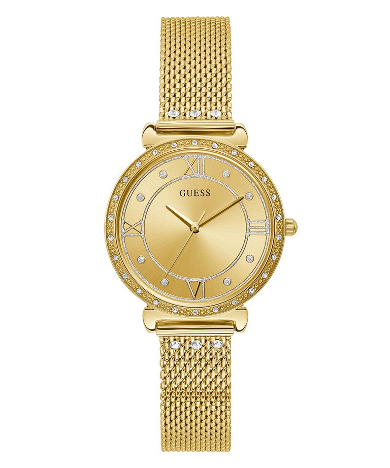 Gold watch with mesh band and diamond accents on a white background
