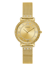 Gold watch with mesh band and diamond accents on a white background