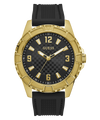 Gold watch with black strap on a white background