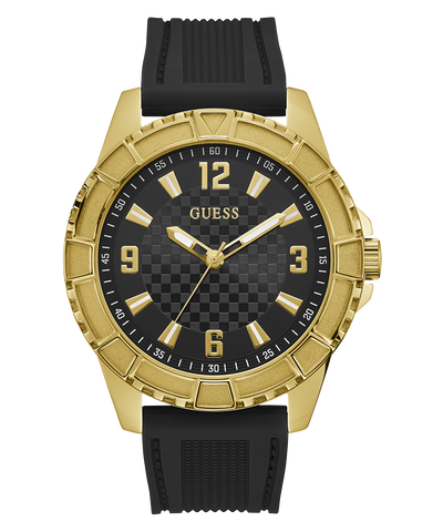 Gold watch with black strap on a white background