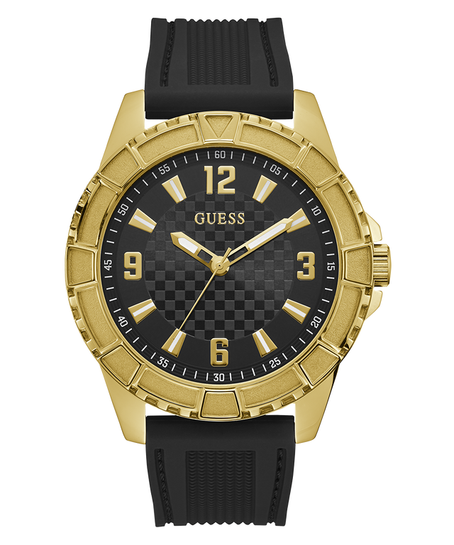 Gold watch with black strap on a white background