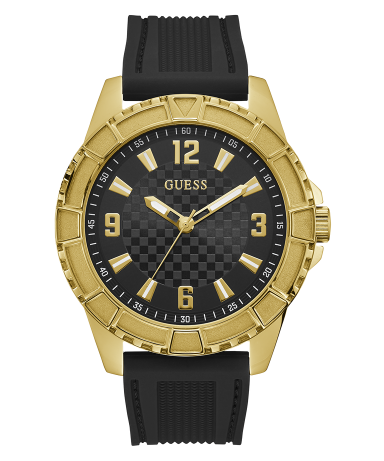 Gold watch with black strap on a white background