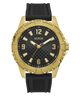 Gold watch with black strap on a white background