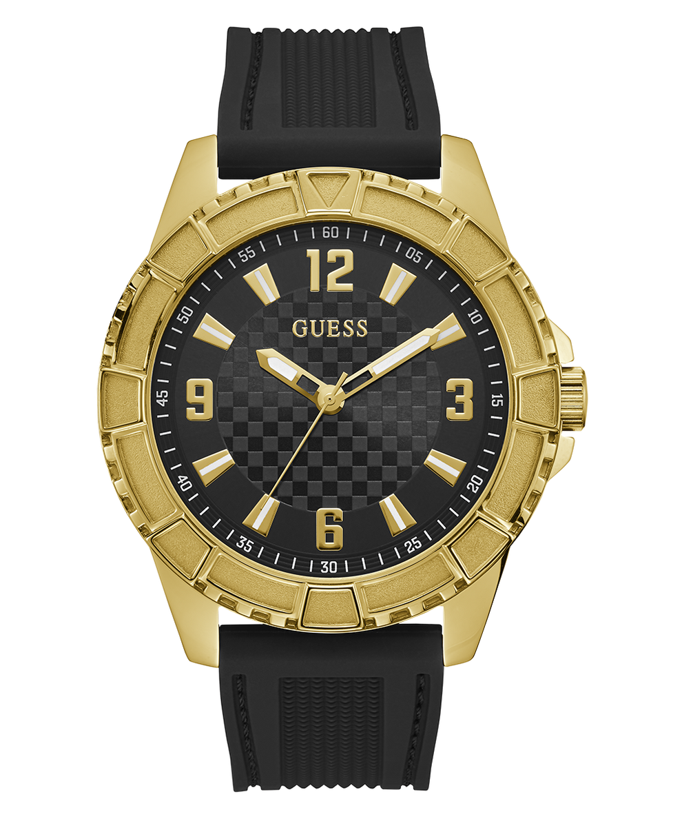 Gold watch with black strap on a white background