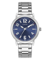 Silver watch with blue dial on a white background
