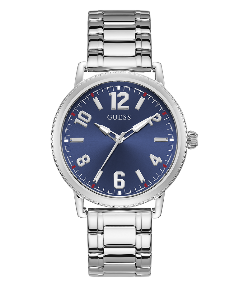 Silver watch with blue dial on a white background
