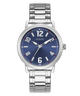 Silver watch with blue dial on a white background