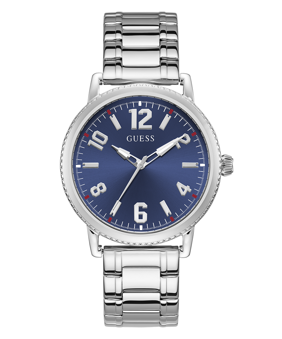 Silver watch with blue dial on a white background