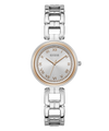 Silver and rose gold watch with chain strap on a white background