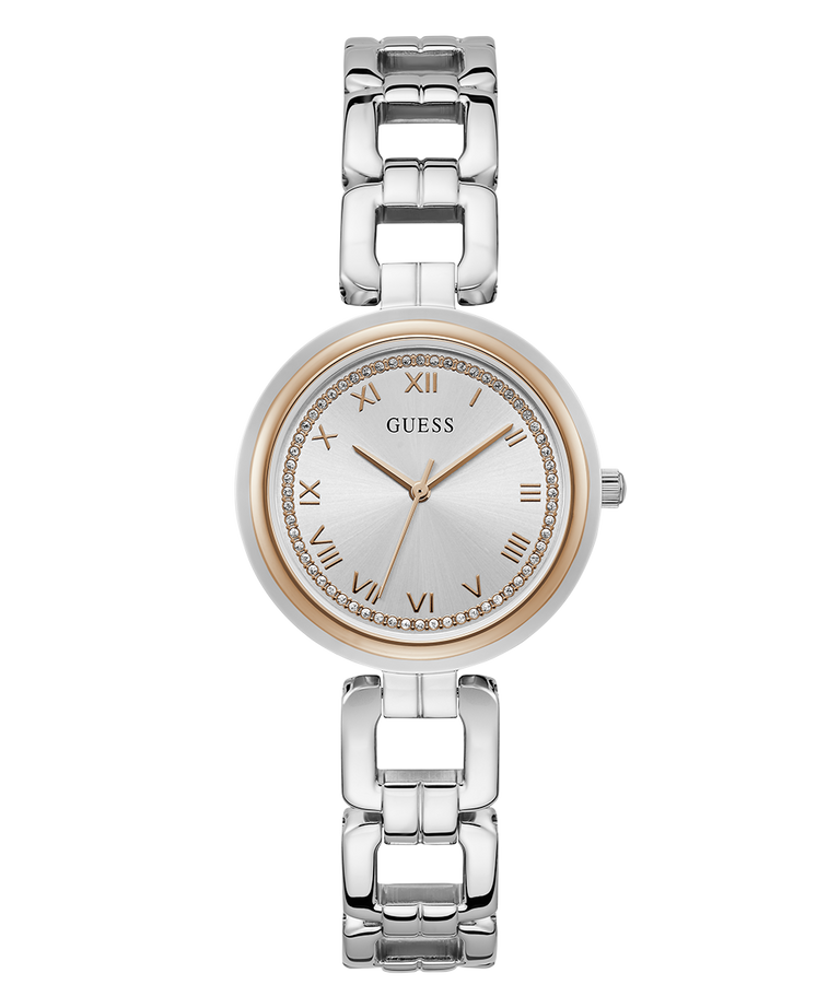 Silver and rose gold watch with chain strap on a white background