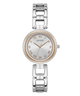 Silver and rose gold watch with chain strap on a white background