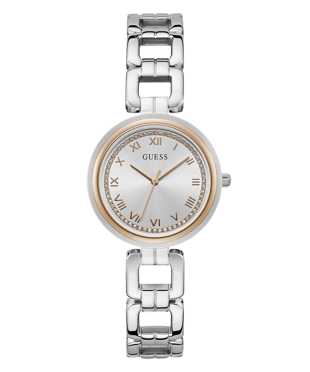 Silver and rose gold watch with chain strap on a white background