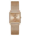 Rose Gold watch with mesh band and diamond accents on a white background