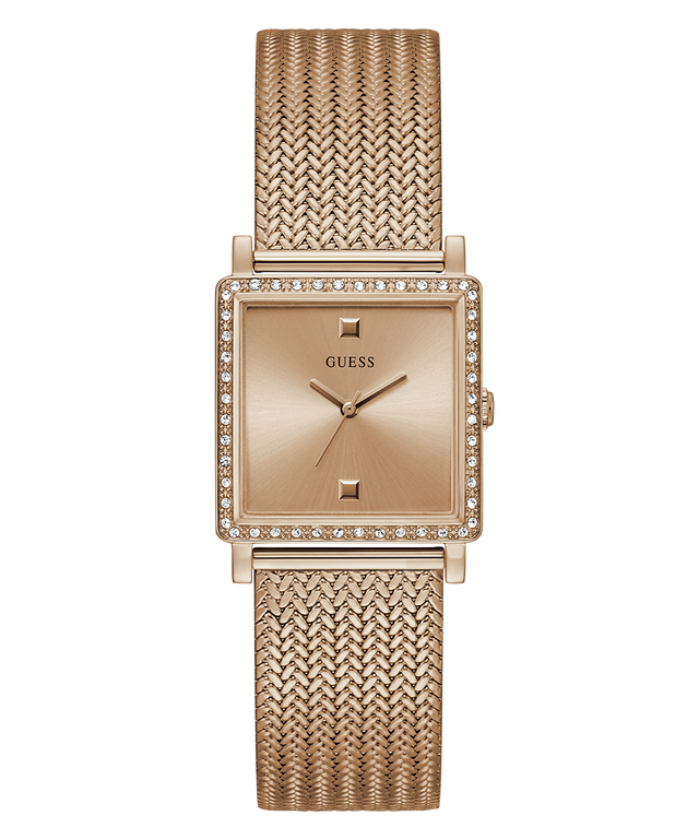 Rose Gold watch with mesh band and diamond accents on a white background