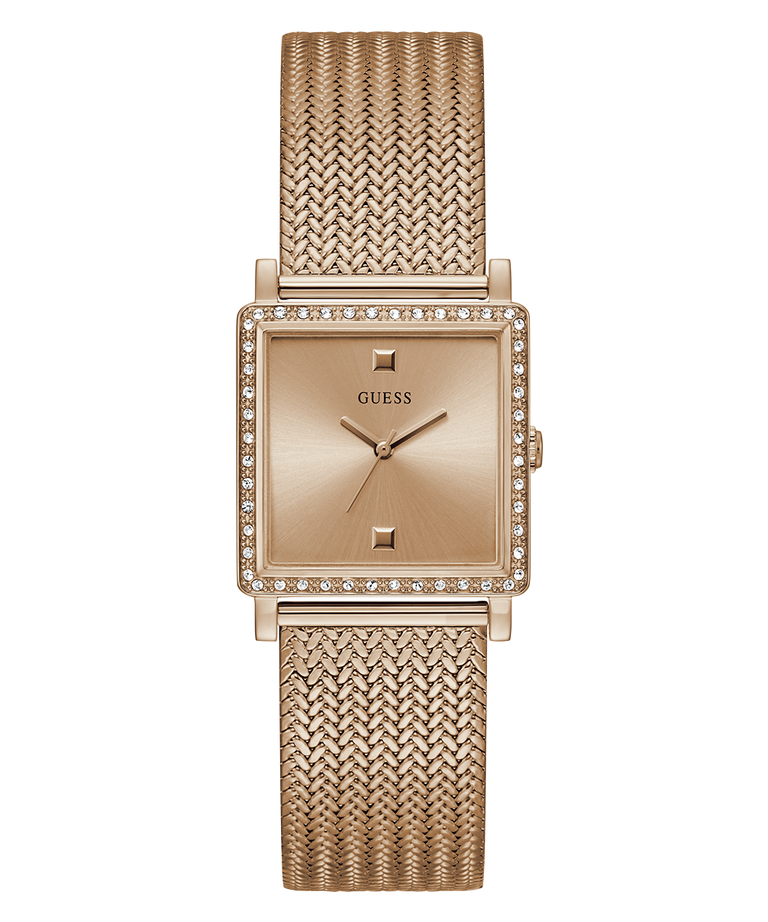 Rose Gold watch with mesh band and diamond accents on a white background