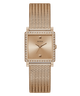 Rose Gold watch with mesh band and diamond accents on a white background