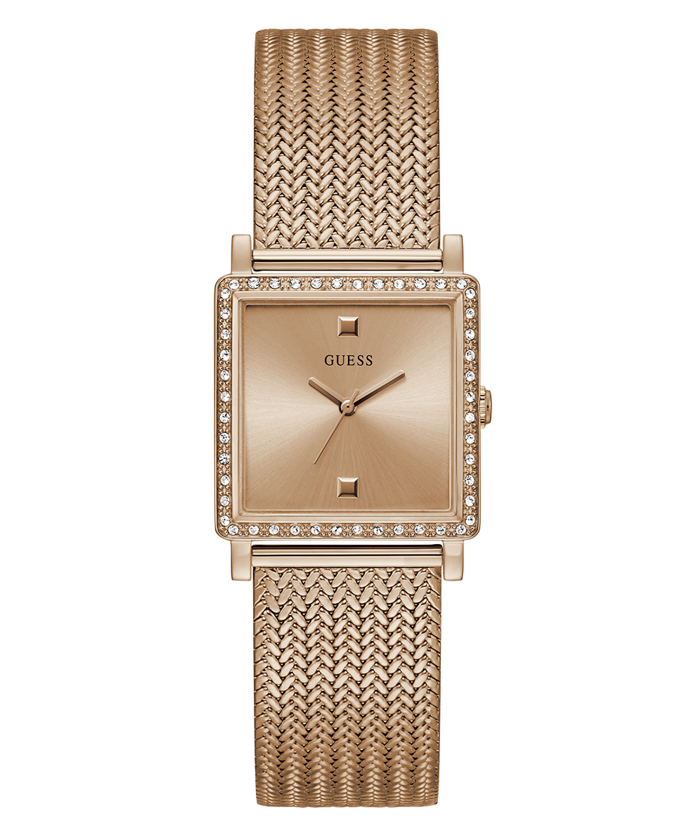 Rose Gold watch with mesh band and diamond accents on a white background