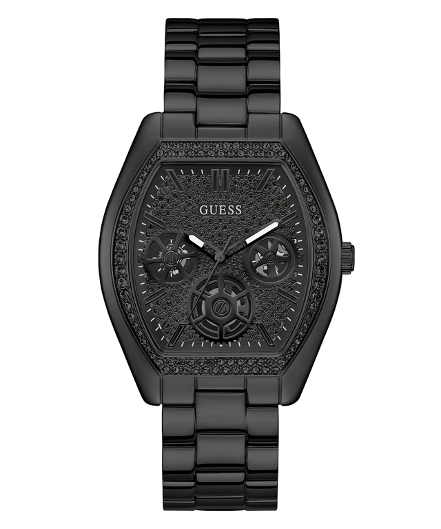 Black Guess watch with detailed face on a white background