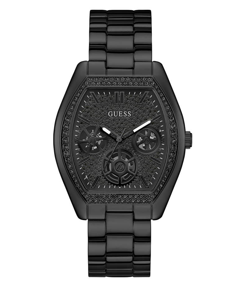 Black Guess watch with detailed face on a white background