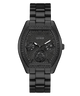 Black Guess watch with detailed face on a white background
